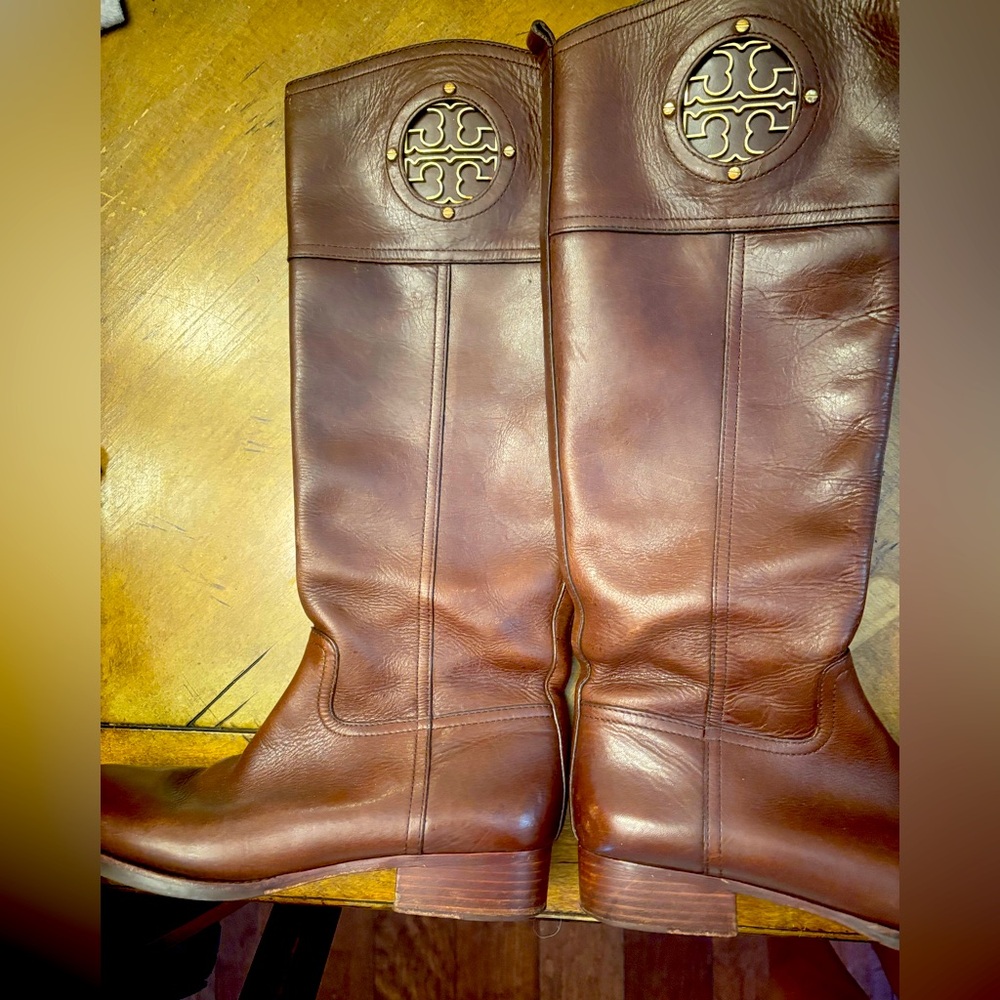 Brown Leather Tory Burch Boots with Embossed Detail